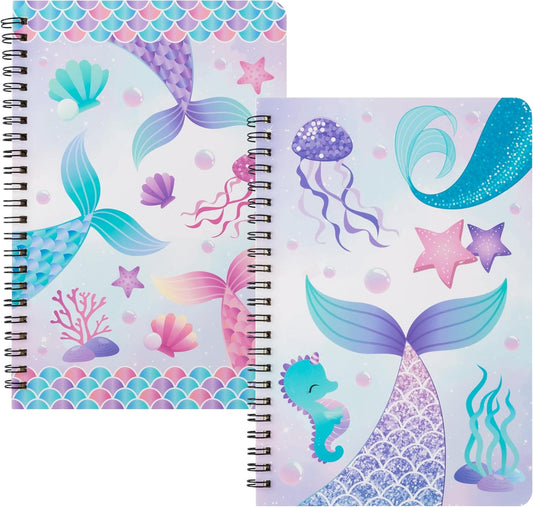 B1ykin A5 Spiral Notebooks - 2Pcs 50 sheets 100 Pages Cute Wire Bound Travel Journal Spiral Notebook, Writing Notepads Memo Diary Notes Study School Work for Kids School Classroom Office (Mermaid)