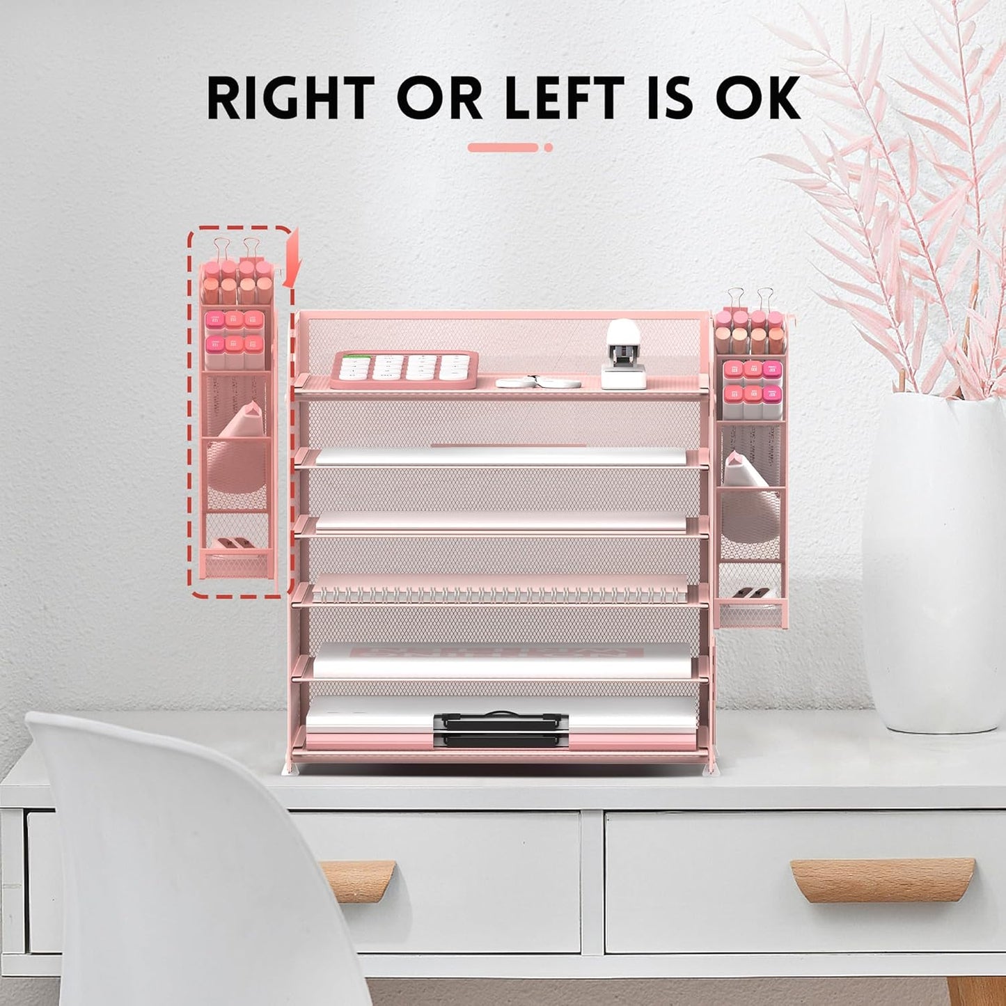 SUPEASY 6 Tier Desk Organizer with 4 Pen Holders, Mesh Paper Organizer Letter Tray with Handle, Desk Organizer Tray File Organizer for A4 File Folder, Rose Pink
