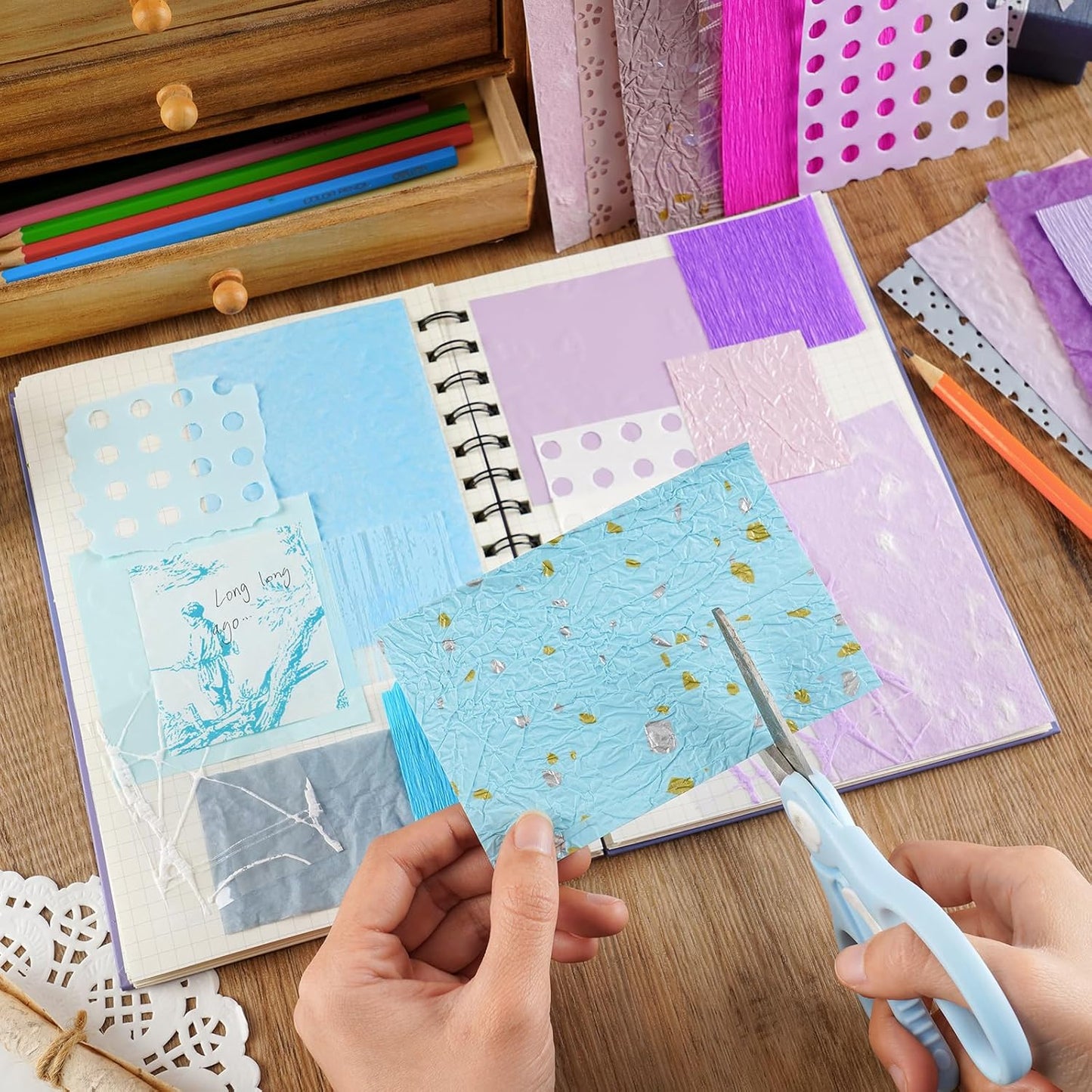 160 Sheets Textured Scrapbook Paper & Mesh Fabric Assorted Set | 10 Mixed Colors | Decorative Paper for Scrapbooking Journaling, Planners, Card Making, Decoupage | 4.72" x 3.14"