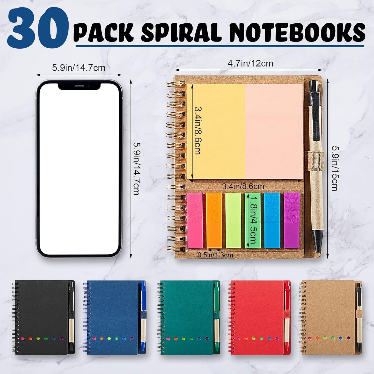 Jutom 30 Pack Spiral Notebook Steno Pads Lined Notepad with Pen in Holder Sticky Notes and Page Marker Colored Index Tabs Pocket Notebooks for Office School Supplies, 4.7 x 5.9 Inches