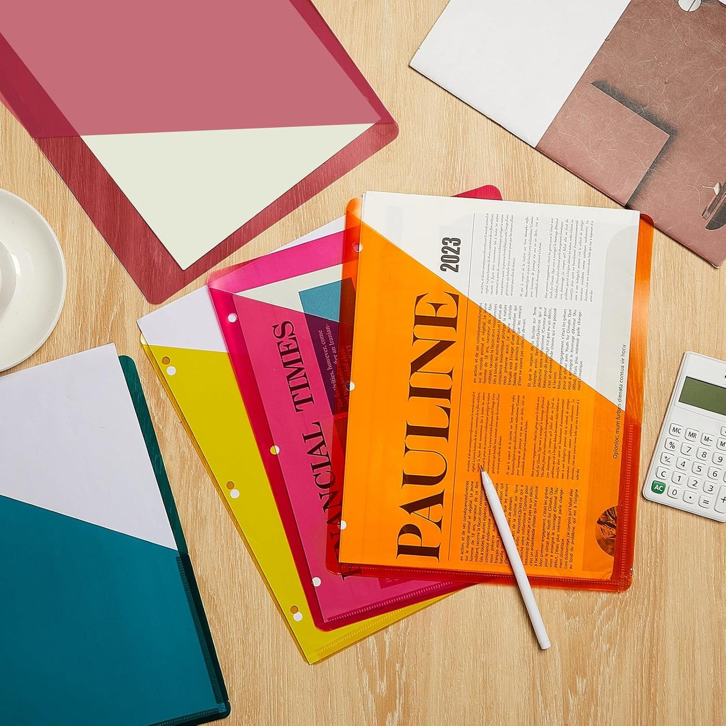 Maitys 50 Pack Binder Pockets 3 Hole Punch Clear Plastic Document Folders Binder Organizer Store Letter Size 8.5x11 Inch Paper Folders with Pockets Slash File Jacket for Office (Summer Color)