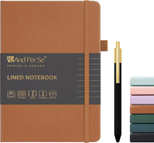 &And Per Se Lined Journal and Pen Set, A5 Leather Journal Stationery Set, 160 Pages 100GSM Thick Paper, Notebook Gift Set (Light Brown-Set1)