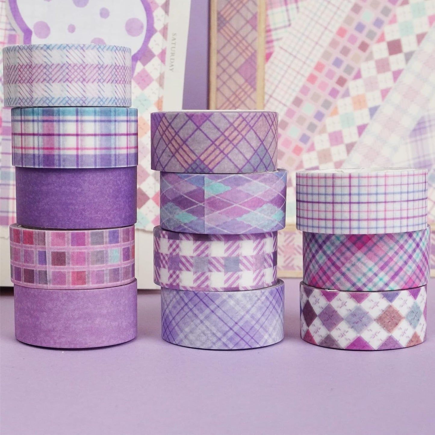 YUBX Basic Grid Washi Tape Set 12 Rolls Plaid Decorative Masking Tapes for Arts, DIY Crafts, Journals, Planners, Scrapbook, Wrapping (Purple)