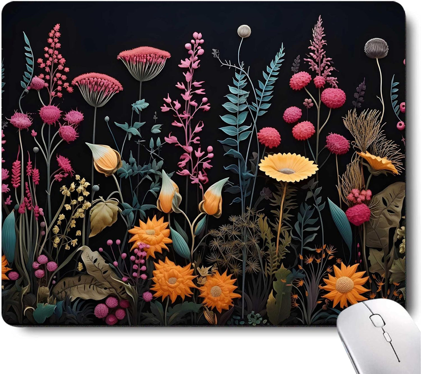 Black Pink Beauty Flowers Plants Mouse Pad,Brightly Colored Unique Design Computer Mousepad with Non-Slip Rubber Base for Women,Washable Mousepads Computer Mouse Pads for Desk Laptop Wireless Mouse