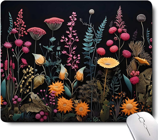 Black Pink Beauty Flowers Plants Mouse Pad,Brightly Colored Unique Design Computer Mousepad with Non-Slip Rubber Base for Women,Washable Mousepads Computer Mouse Pads for Desk Laptop Wireless Mouse