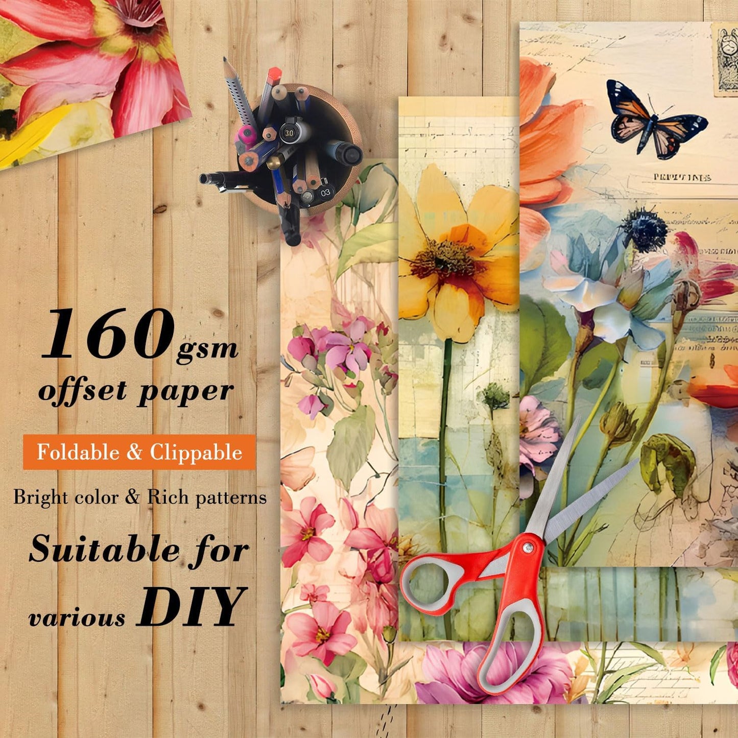 EAMOTOL Vintage Floral Scrapbook Paper Pad, 24 Sheets 6''x 6'' Flowers Patterned Designed Decorative Decoupage for Wedding Folded Card Material Gift Wrapping Planners Journals DIY Crafts Photo Album