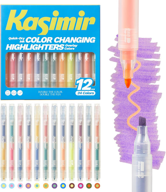 Kasimir Dual Tip Highlighters Coloring Changing Markers - 24 Colors No Bleed Bible Highlighters, Chisel & Fine Tip Double Ended Cute Marker for Art School Office