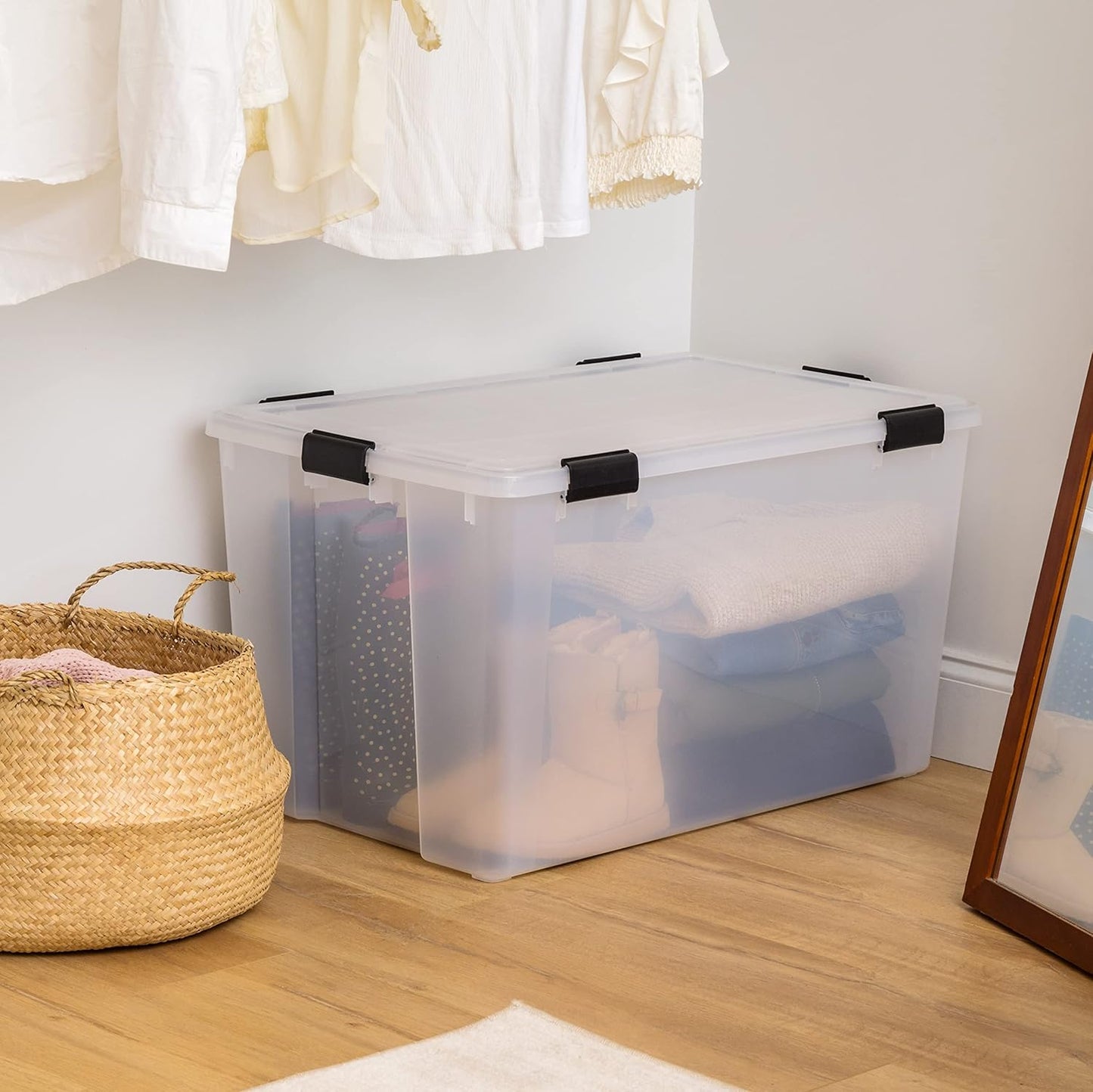 IRIS USA 156 Qt Storage Box with Gasket Seal Lid, BPA-Free, Made in USA - Heavy Duty Moving Containers with Tight Latch, Weather Proof Tote Bin, WEATHERPRO - Clear/Black