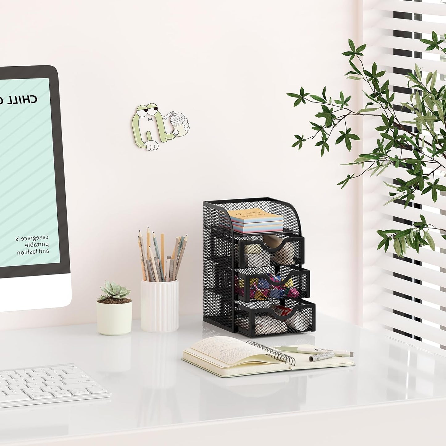 EasyPAG Mesh Desk Organizer with 3 Drawer Office Desktop Organizers and Accessories Stationery Caddy for Office, Home, Students, Black