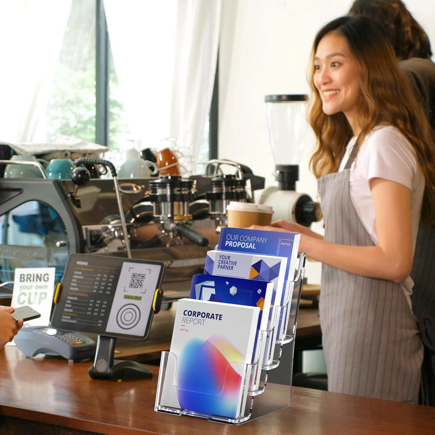 Brochure Holder 6x9 Inch 4 Tier Acrylic Literature Holders Clear Plastic Flyer Display Stand Countertop Use or Wall Mount Pamphlet Holder Organizer for Office, Lobby, Hotel, Trade Show, 1 Pack