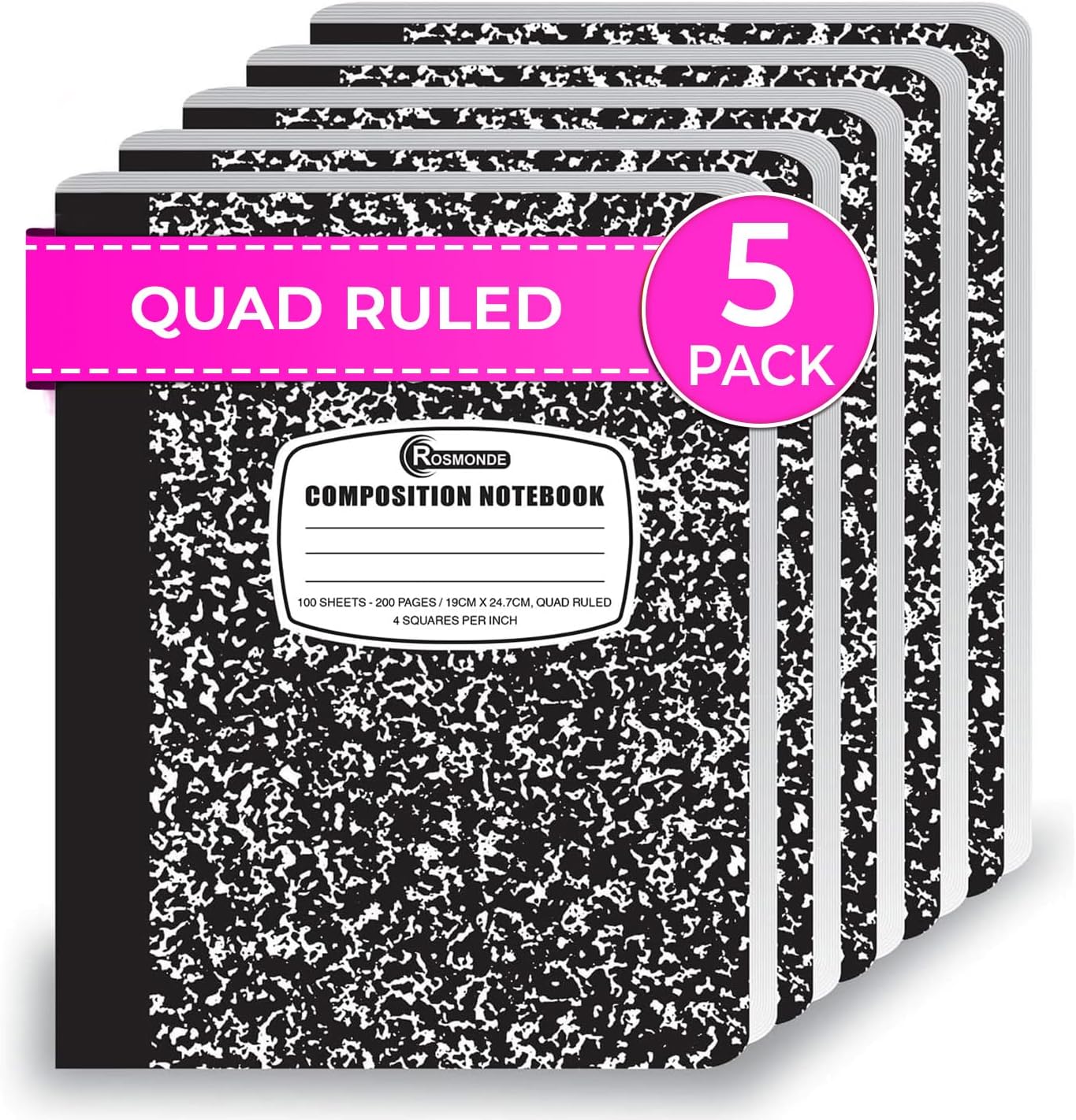 Rosmonde Graph Paper Composition Notebook, 5 Pack, 200 Pages (100 Sheets), Quad Ruled Composition Notebook, Graph Notebooks, 4x4 Grid Composition Notebook, Black Marble, Sewn Hard Cover, 9-3/4 x 7-1/2