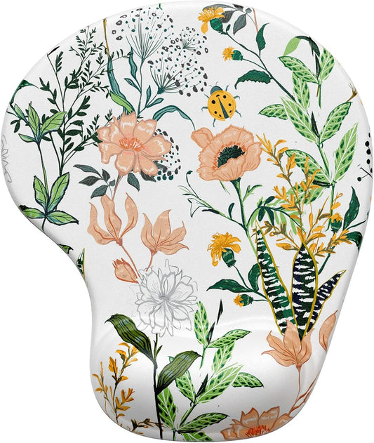 Hsurbtra Ergonomic Mouse Pad with Wrist Rest Support, Gel Mouse Pads with Non-Slip PU Base, Pain Relief Memory Foam Computer Mat, Cute Office Supplies Desk Decro Accessories, Orange Flowers