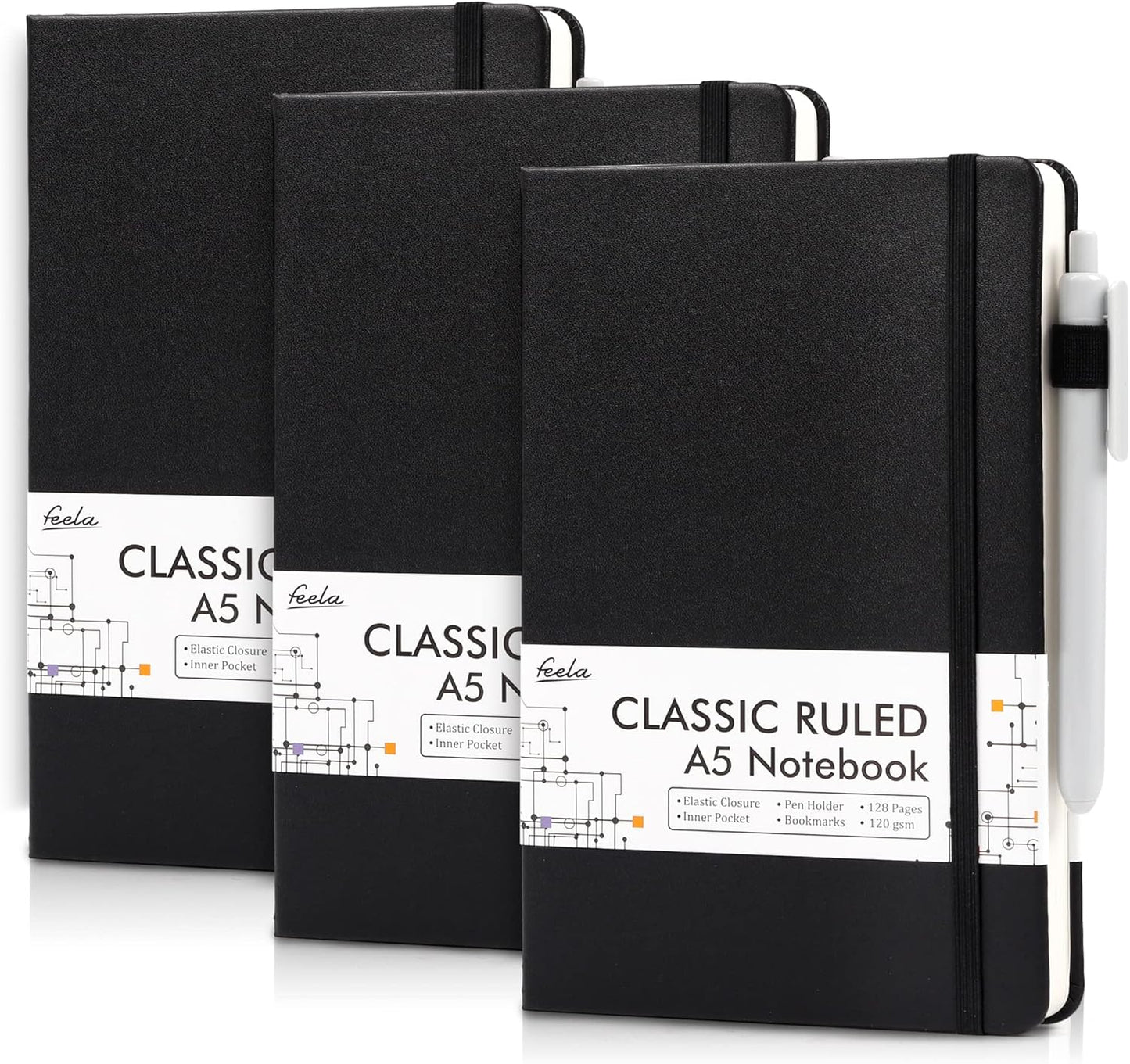 feela 3 Pack Notebooks Journals Bulk with 3 Black Pens, A5 Hardcover Notebook Classic Ruled Lined Journal Set with Pen Holder for Work Business Journaling Note Taking, 120 GSM, 5.1”x8.3”, Black