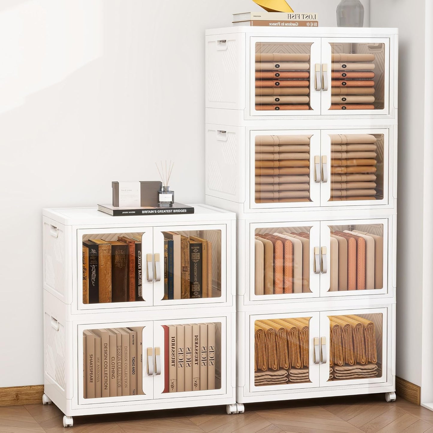 Large Stackable Storage Bins with 2 Lids, 660QT-110QT*6Tier Foldable Cabinet for Closet Organizers, Plastic Storage Containers Box with Wheels