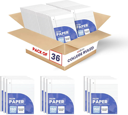 Loose Leaf Paper, Lined Notebook Paper, College Ruled Filler Paper, 150 Sheets, 3-Hole Punched, 10.5” x 8”, Binder Paper for Notetaking, Case Pack of 36