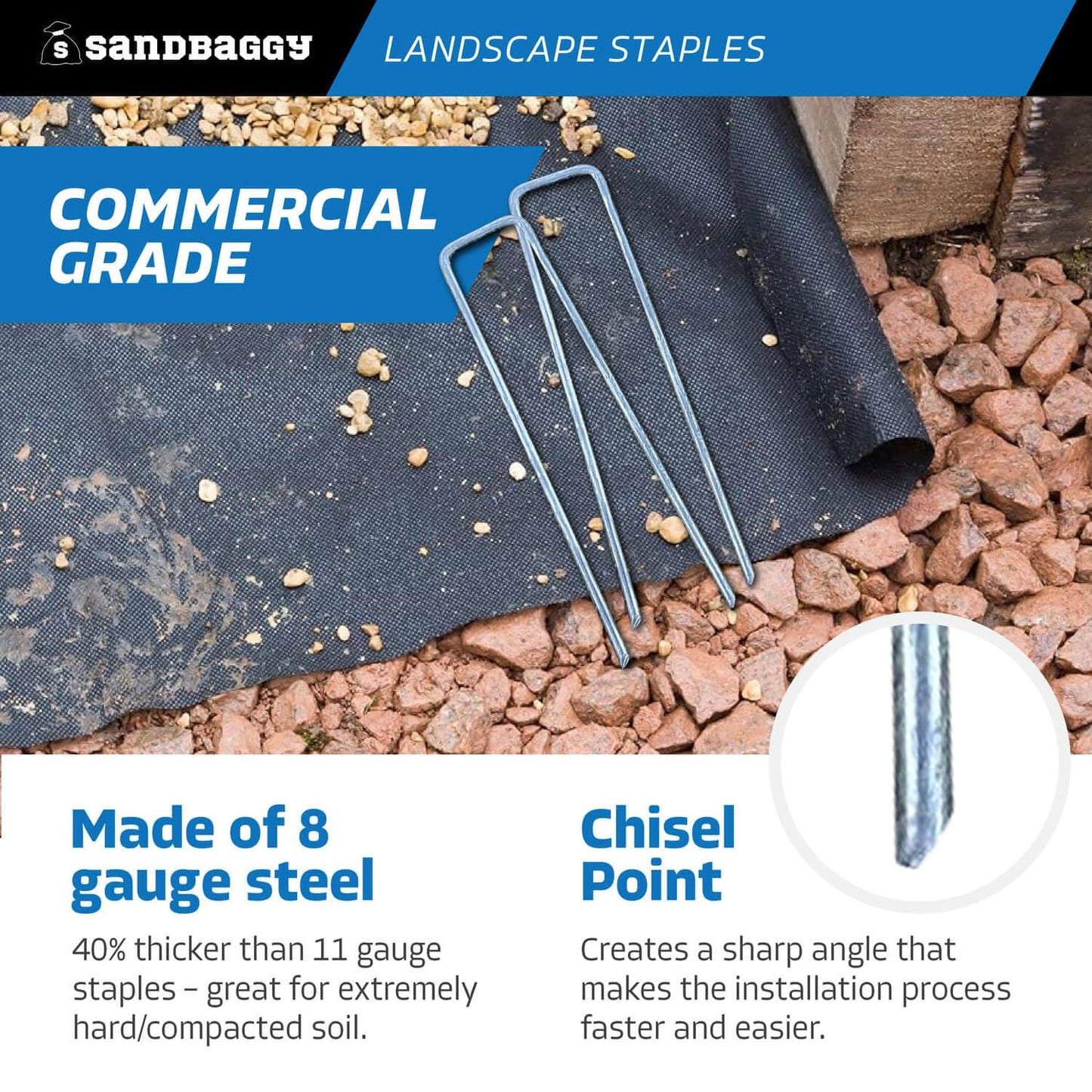 Sandbaggy 6 inch Landscape Sod Staples (8 Gauge Steel) | Great for Hard & Rocky Soil | 40% Thicker Than Standard 11 Gauge | Trusted by Farmers & Contractors Across USA (400 Staples)