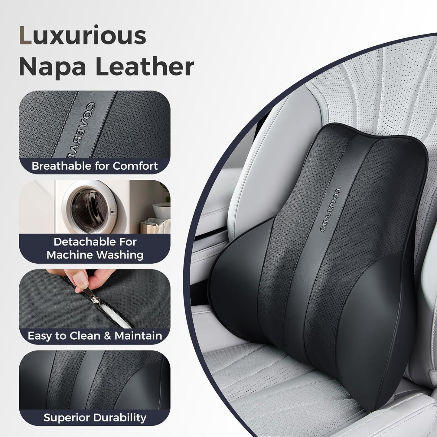 Coverado Lumbar Support Pillow for Car, Ergonomic Memory Foam Back Pillow for Office Chair, New Back Cushion for Pain Relief, PU Leather Car Lumbar Support for Driving Seat - BK