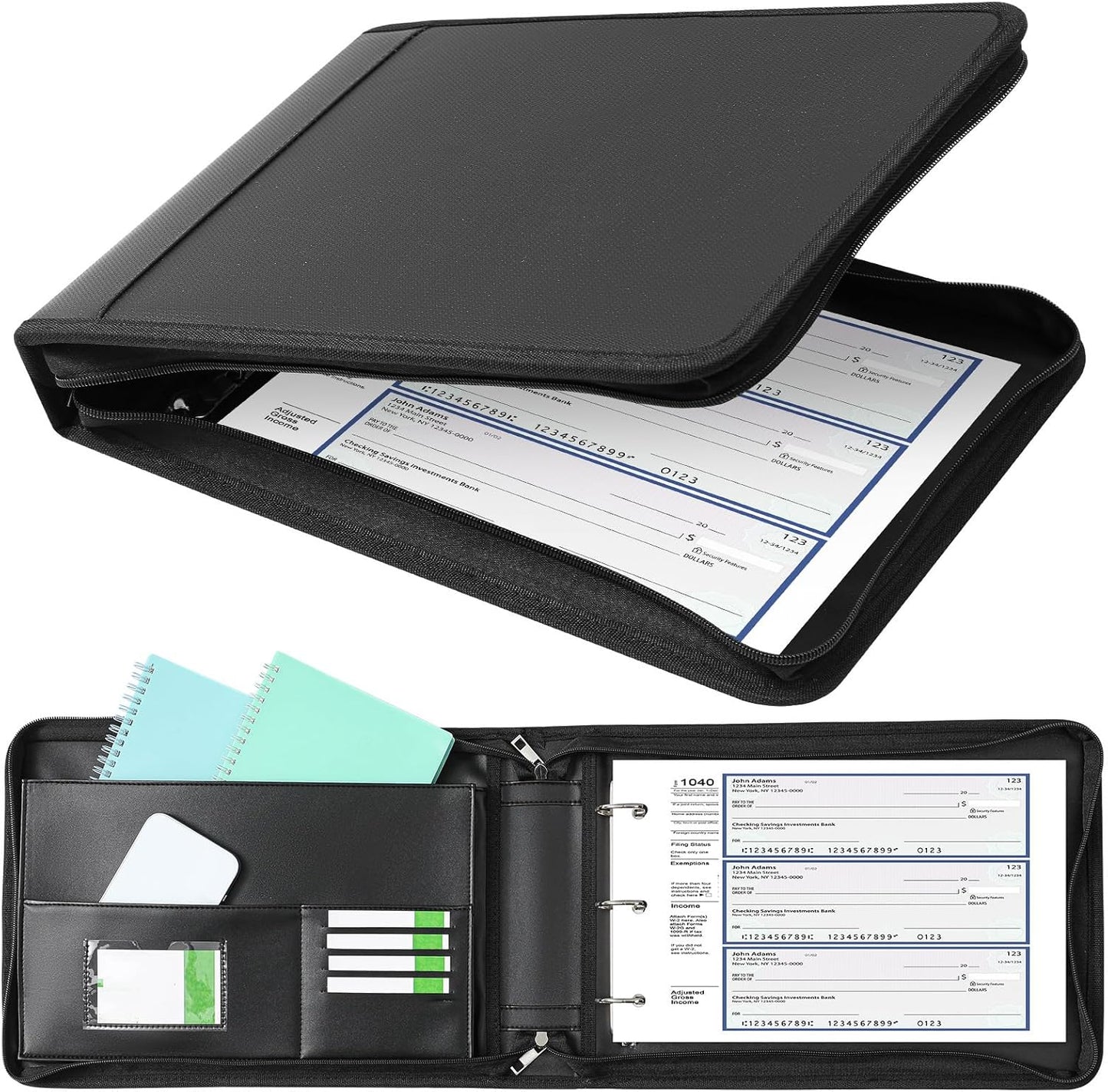 Henoyso 3 Rings Fireproof Business Check Binder with Zipper 1 Inch DRings 3 on a Page Fit 3 & 9 Holes Check 600 Sheets Capacity Organizer Binder for Office Storage End Stub Deskbook(Black)