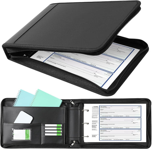 Henoyso 3 Rings Fireproof Business Check Binder with Zipper 1 Inch DRings 3 on a Page Fit 3 & 9 Holes Check 600 Sheets Capacity Organizer Binder for Office Storage End Stub Deskbook(Black)