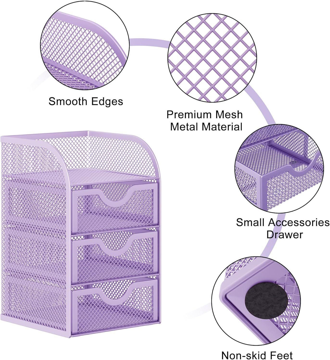 EasyPAG Mesh Desk Organizer with 3 Drawer Office Desktop Organizers and Accessories Stationery Caddy for Office, Home, Students, Purple