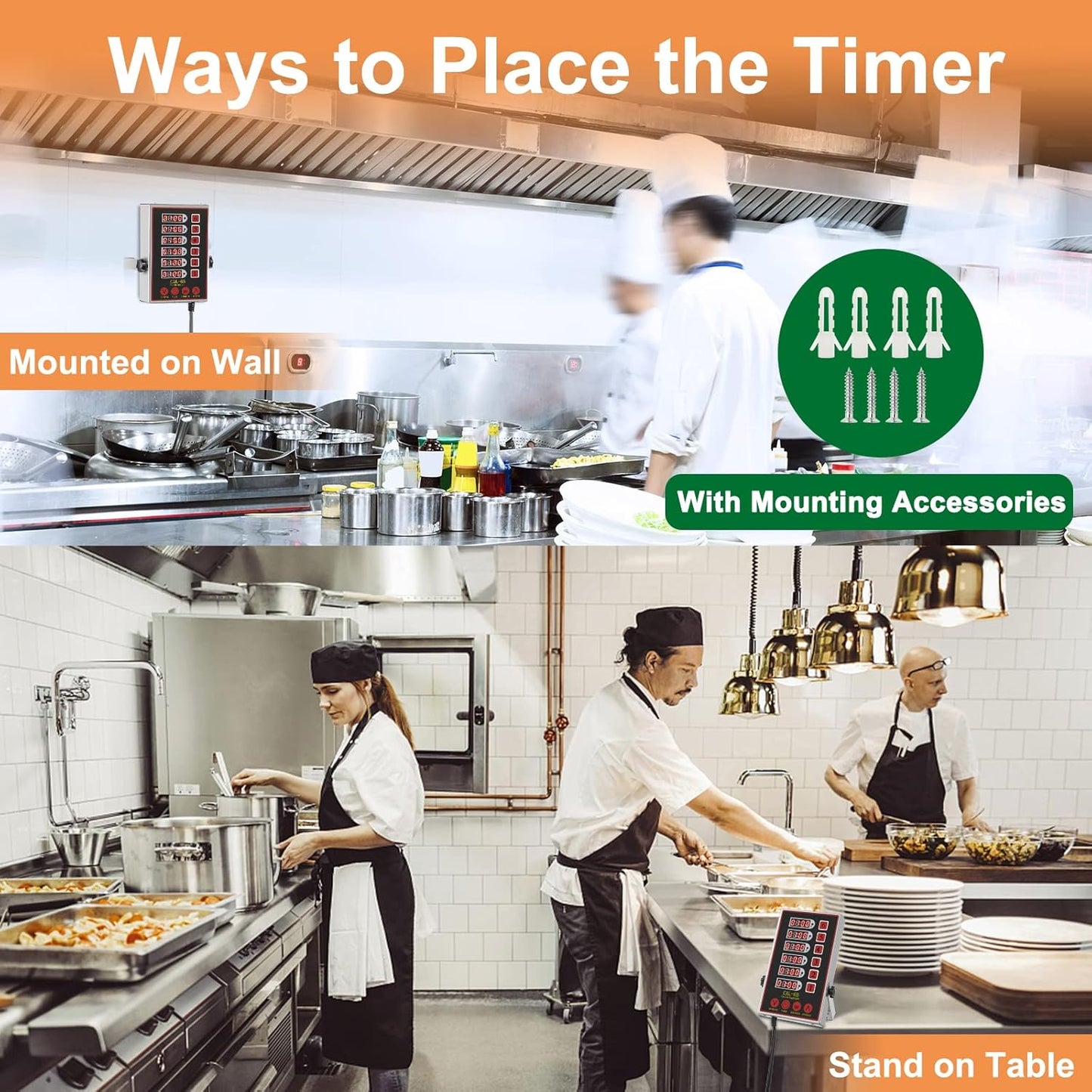 Precision Kitchen Timers for Cooking – 6 Channel Commercial Kitchen Timer Restaurant Kitchen Supplies – Stainless Steel Digital LED Chef Cooking Timer – Reminder Function, Loud Alarm, Black