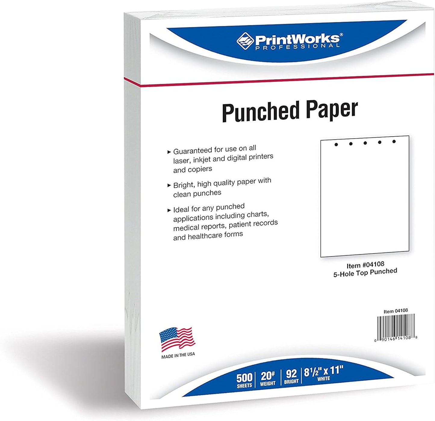 PrintWorks Professional 5 Hole Punch Top Paper - Pre-Punched for Folders, Binders, & Clipboards - Made in the USA - 500 Sheets - 8.5" x 11" - 20 lb - 92 Bright White (04108)
