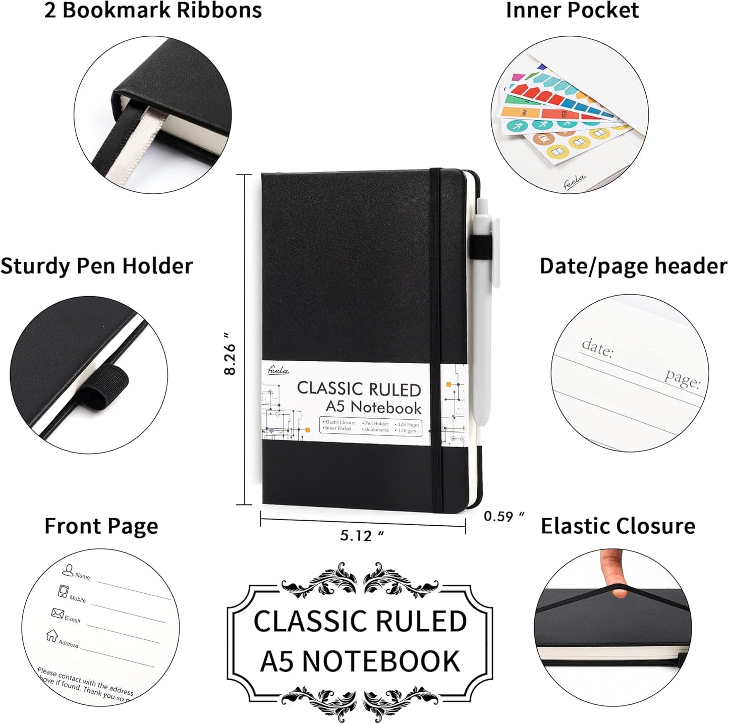 feela 3 Pack Notebooks Journals Bulk with 3 Black Pens, A5 Hardcover Notebook Classic Ruled Lined Journal Set with Pen Holder for Work Business Journaling Note Taking, 120 GSM, 5.1”x8.3”, Black