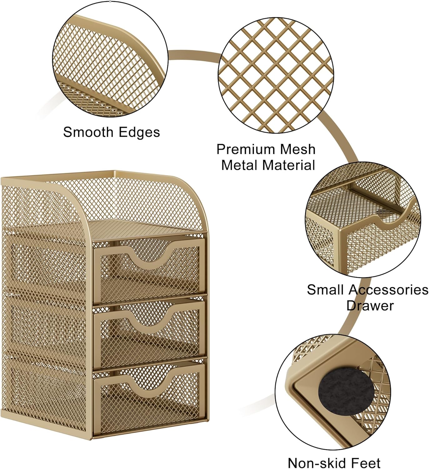 EasyPAG Mesh Desk Organizer with 3 Drawer Office Desktop Organizers and Accessories Stationery Caddy for Office, Home, Students, Gold