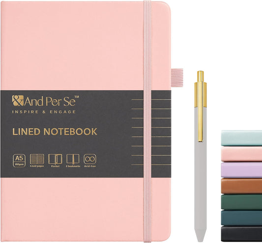 &And Per Se Lined Journal and Pen Set, A5 Leather Journal Stationery Set, 160 Pages 100GSM Thick Paper, Notebook Gift Set (Pink-Set1)