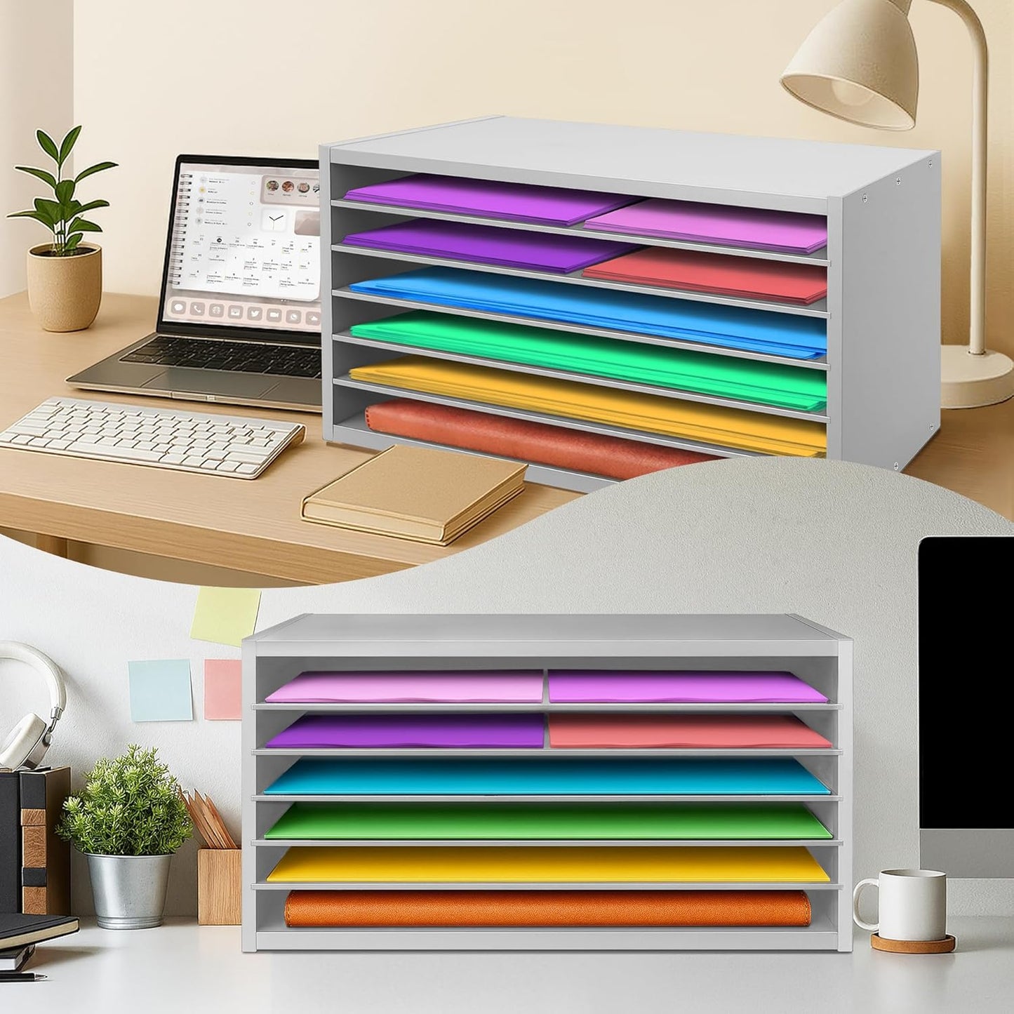 PROLEE Construction Paper Organizer 20" x 13.5" x12.2",Soild Wooden Paper Organizer with 6-Tier Letter Trays, Desktop File Papers Sorter for Home, Classroom and Office (Gray)