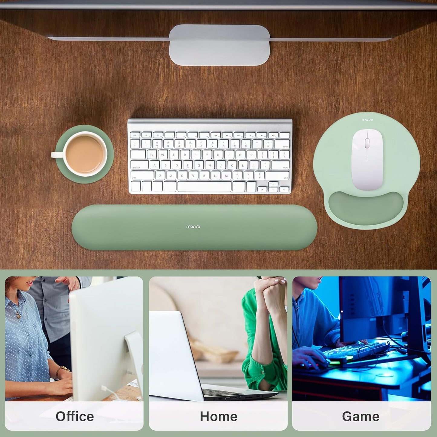 MOSISO Wrist Rest Support for Mouse Pad&Keyboard Set, Circle Curved Ergonomic Mousepad&Coaster Non-Slip Base Home/Office Pain Relief&Easy Typing Pad with Soft Cloth&Silicone Lining, Antique Green