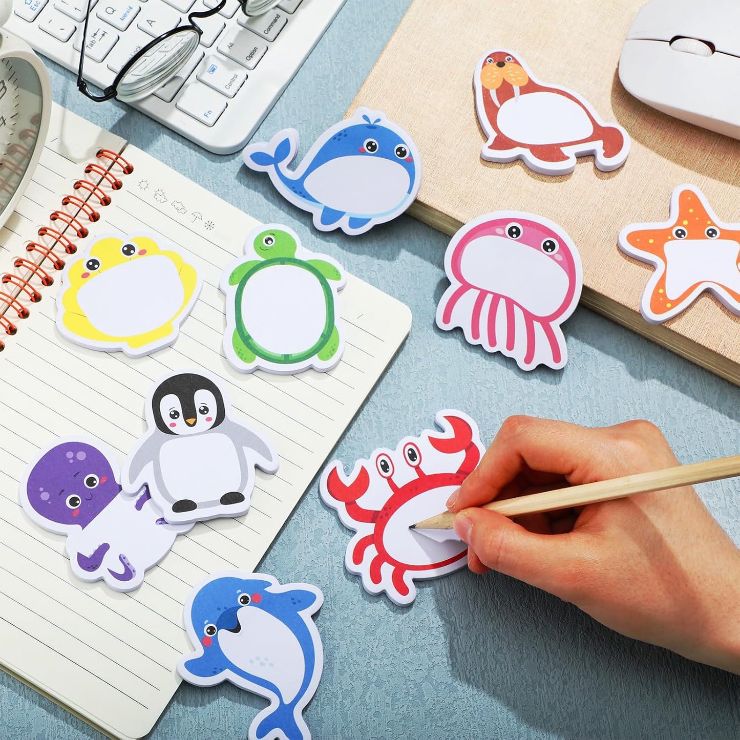 Yinder 24 Pads Cute Sticky Notes Fun Kawaii Animal Sticky Notes Pads Bulk Cartoon Memo Self Adhesive Gift for Christmas Veterinary Office School Tab Party Supplies(Ocean Animals)