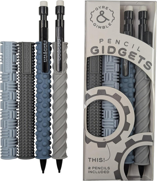 Gyre & Gimble Pencil Gidgets – Textured Silicone Pencil Sleeve for Quiet Fidgeting – Transform Your Mechanical Pencil into a Sensory ADHD Tool for Kids and Adults – 4 Sleeves & 2 Pencils - Gray