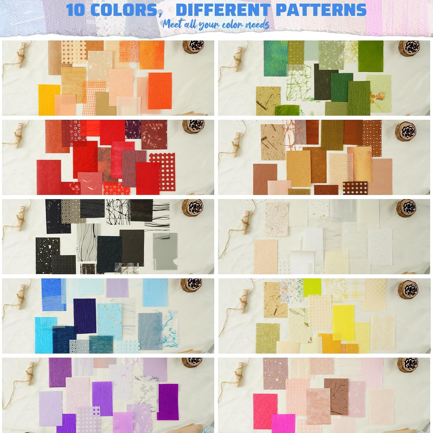 160 Sheets Textured Scrapbook Paper & Mesh Fabric Assorted Set | 10 Mixed Colors | Decorative Paper for Scrapbooking Journaling, Planners, Card Making, Decoupage | 4.72" x 3.14"