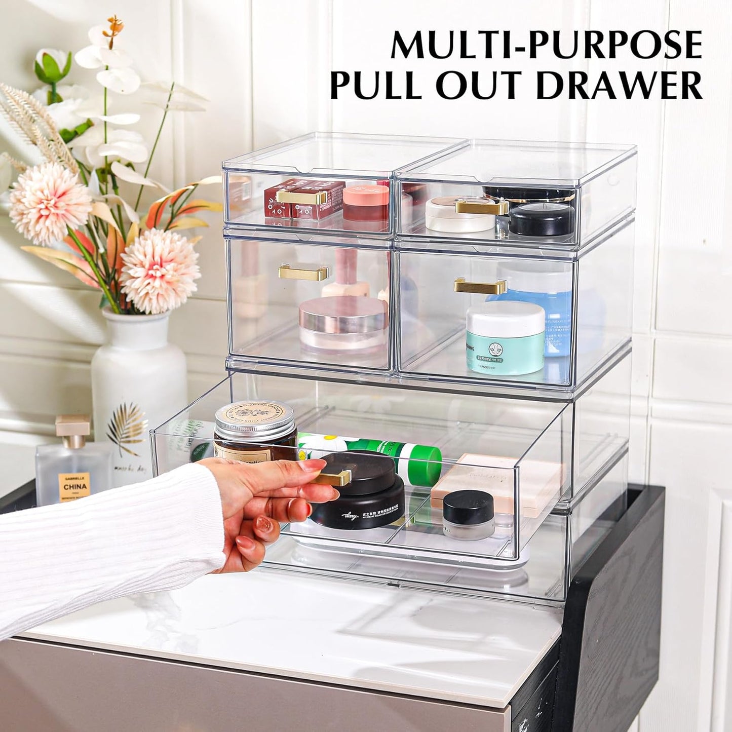 Stackable Storage Drawers, 6 Pack Clear Acrylic Organizer Bins with Golden Handles, Multi-Size Plastic Drawers for Makeup, Vanity, Kitchen, Bathroom, Office, Under Sink & Cabinet Organizatio