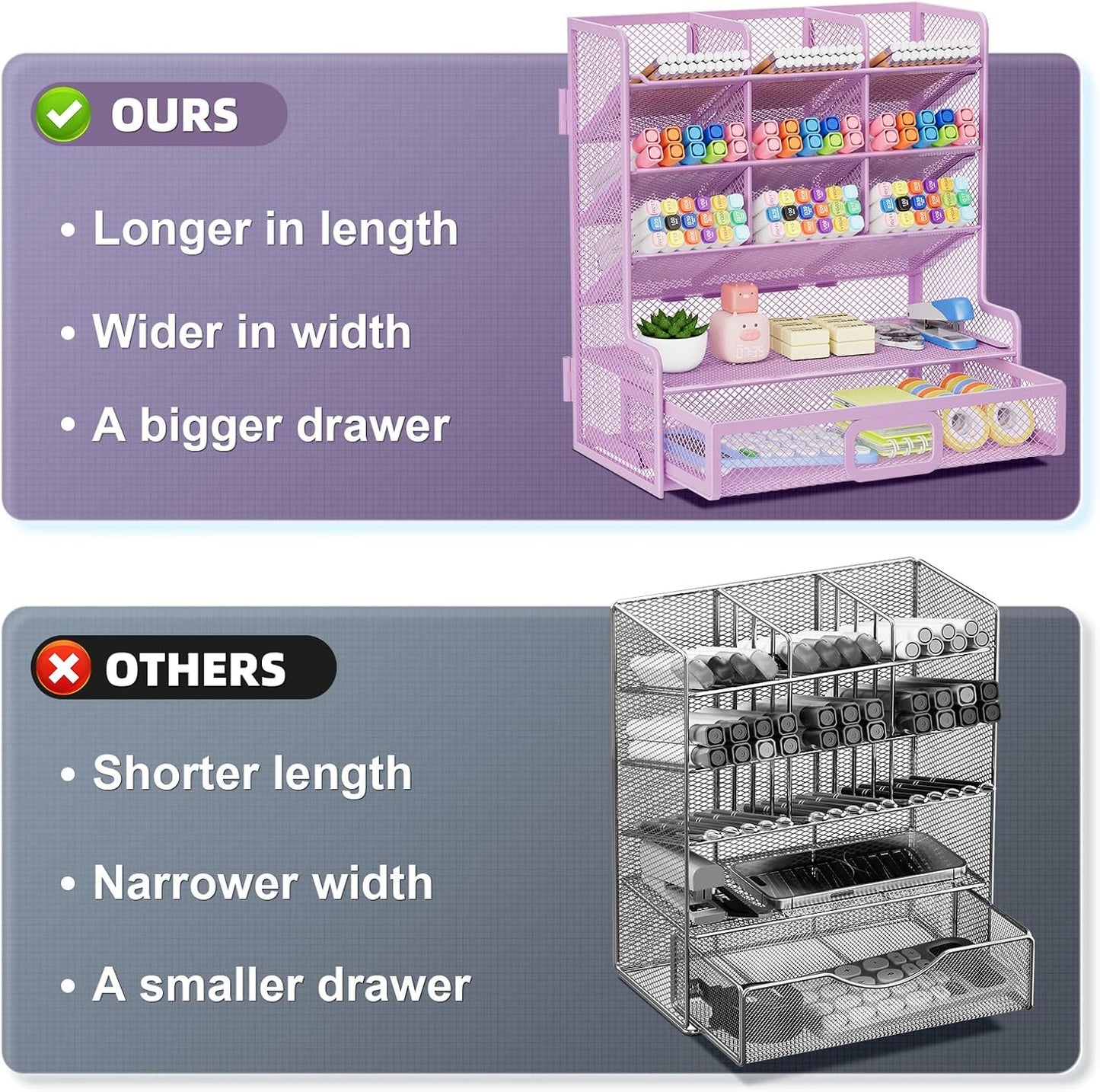 Marbrasse Larger Mesh Desk Organizer with Drawer, Multi-Functional Pen Pencil Holder, Easy Assembly, Desk Organizers and Accessories for Office Art Supplies (Purple)