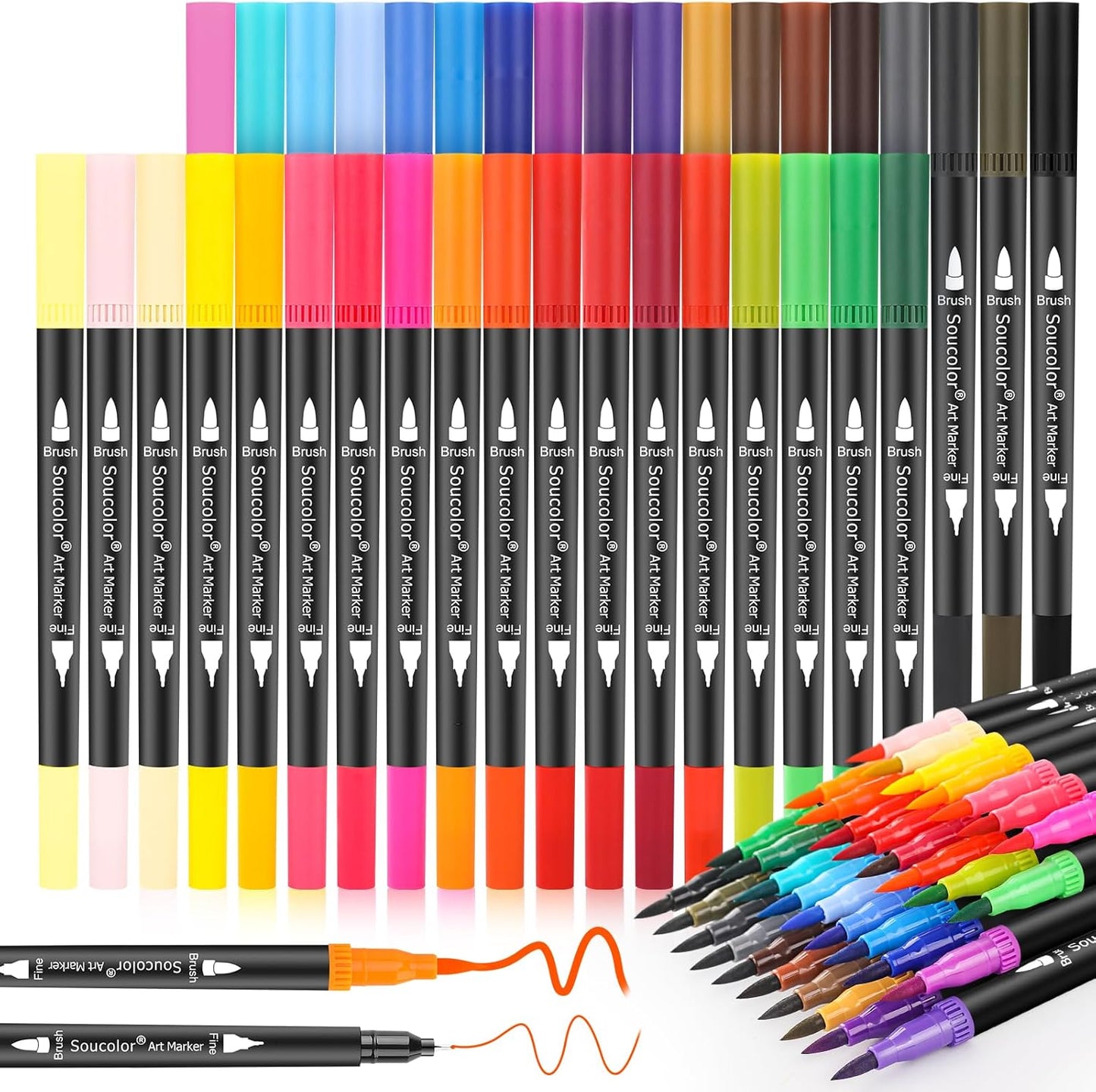 Soucolor Art Brush Markers Pens for Adult Coloring Books, 36 Colors Numbered Dual Tip (Brush and Fine Point) Marker Pen for Note taking Planner Hand Lettering Calligraphy Drawing Journaling