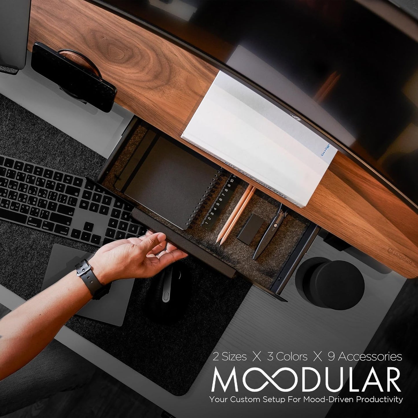 Moodular Wooden Monitor Stand 45.6” (116cm) Large Desk Organizer with Metal Slide Rails for Drawer, Tray, Laptop, Tablet, Phone & Headphones Customizable Riser for Organized Workspace Walnut