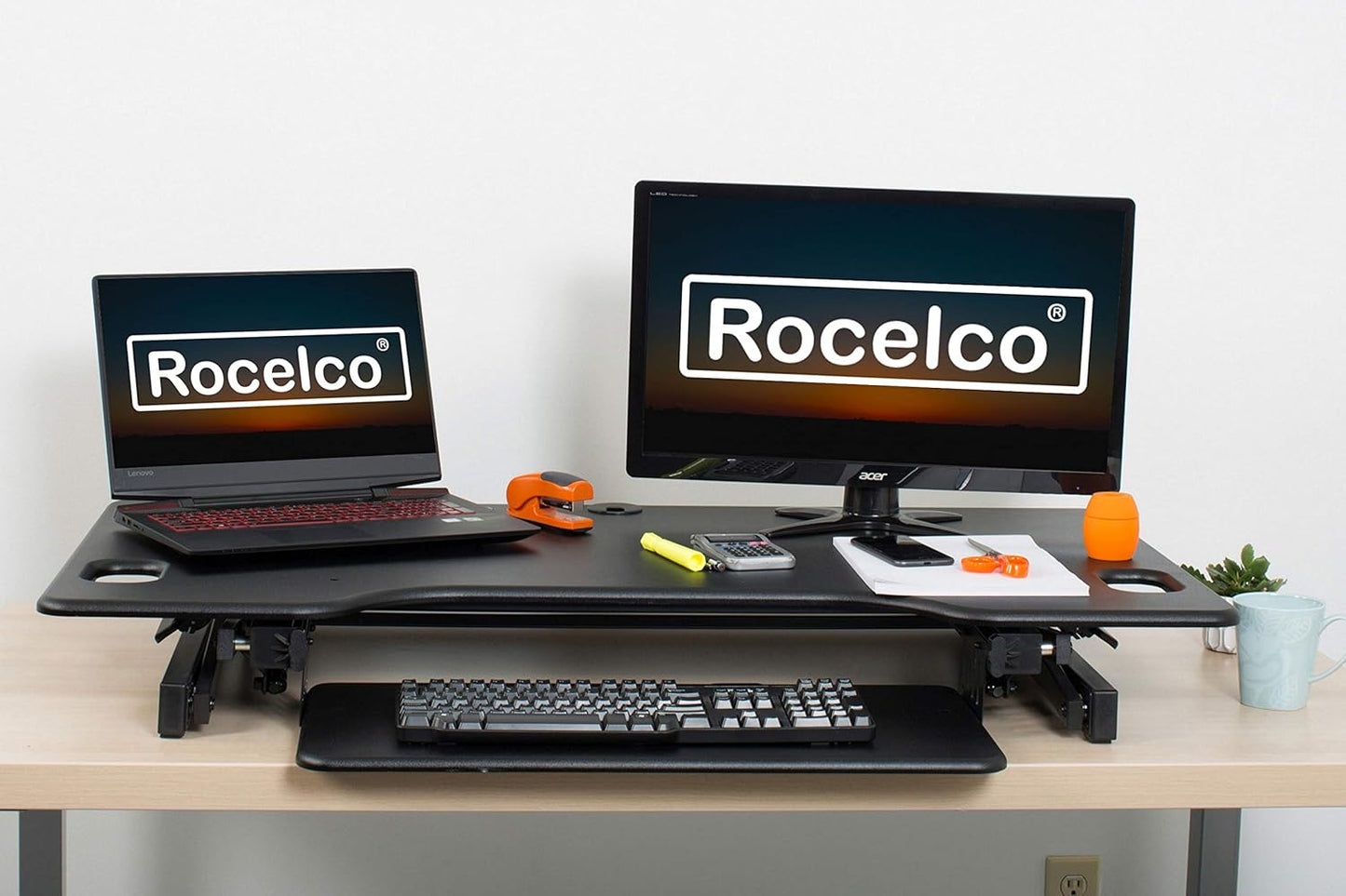 Rocelco 46" Large Height Adjustable Standing Desk Converter - Quick Sit Stand Up Triple Monitor Riser - Tall Gas Spring Assist Computer Workstation - Retractable Keyboard Tray - Black (R DADRB-46)