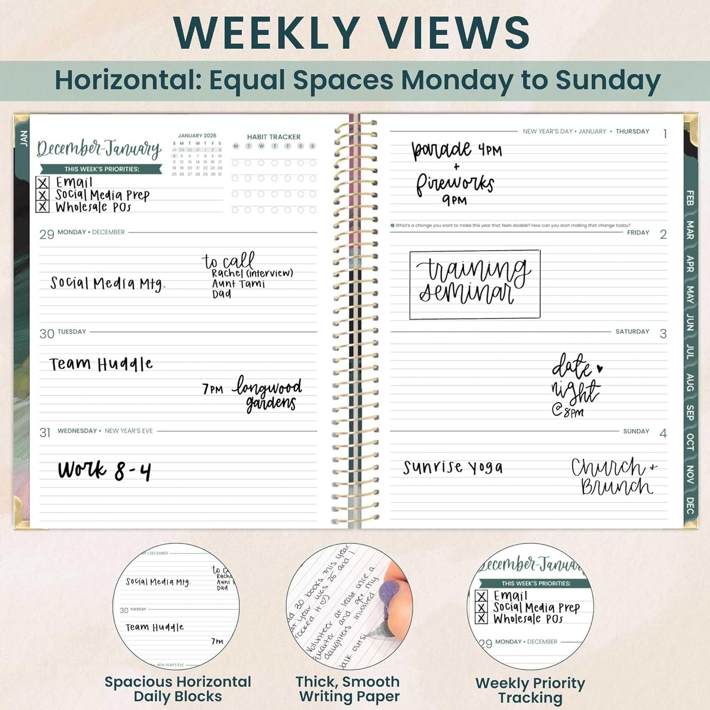 bloom daily planners HARDCOVER 2026 Planner (January to December) - 8.5” x 11” Weekly & Monthly Dated Agenda Organizer Book with Stickers & Tabs - Emerald Paint Strokes
