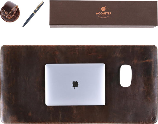 moonster 100% Genuine Leather Desk Pad with Ballpoint Pen Holder – Desk Mat Protector for Office Tables - Large Mouse Pad, Non-Slip PU Leather Desk Blotter, Laptop Desk Cover 31" x 16"