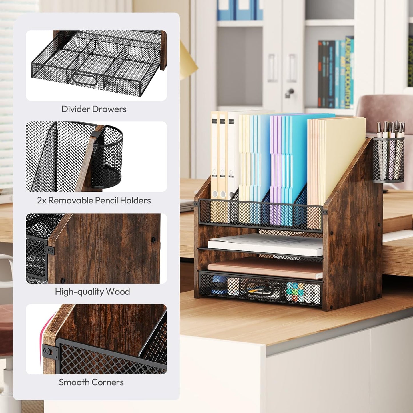 SWTYMIKI Desk Organizer with Drawers - Mesh and Wood Desk File Organizer with Pen Holders, 4-Tier Paper Organizer for Office Organizer and Accessorie, School and Home Storage, Espresso
