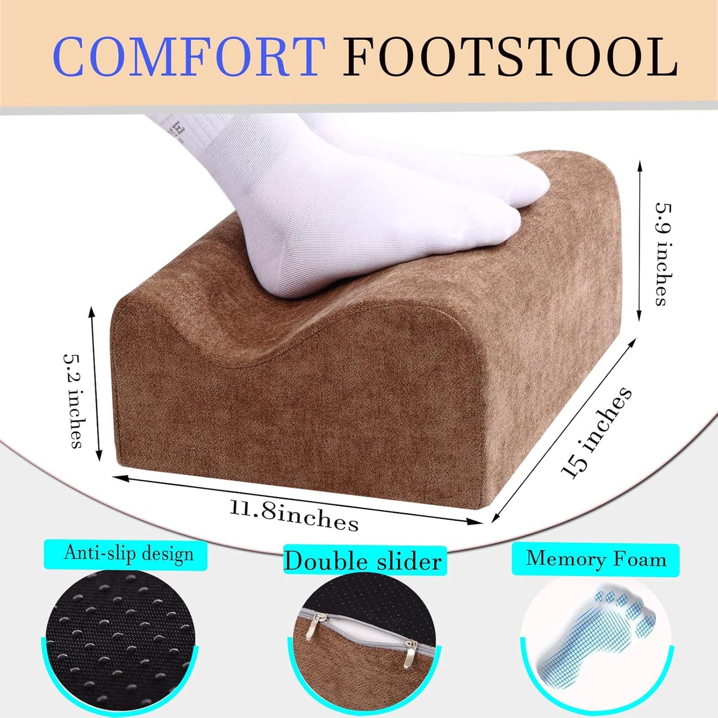 Foot Rest for Under Desk at Work, Ergonomic Under Desk Footrest with Washable Cover, Memory Foam Foot Stool for Office Chair & Gaming Chair, Back & Hip Pain Relief, Brown
