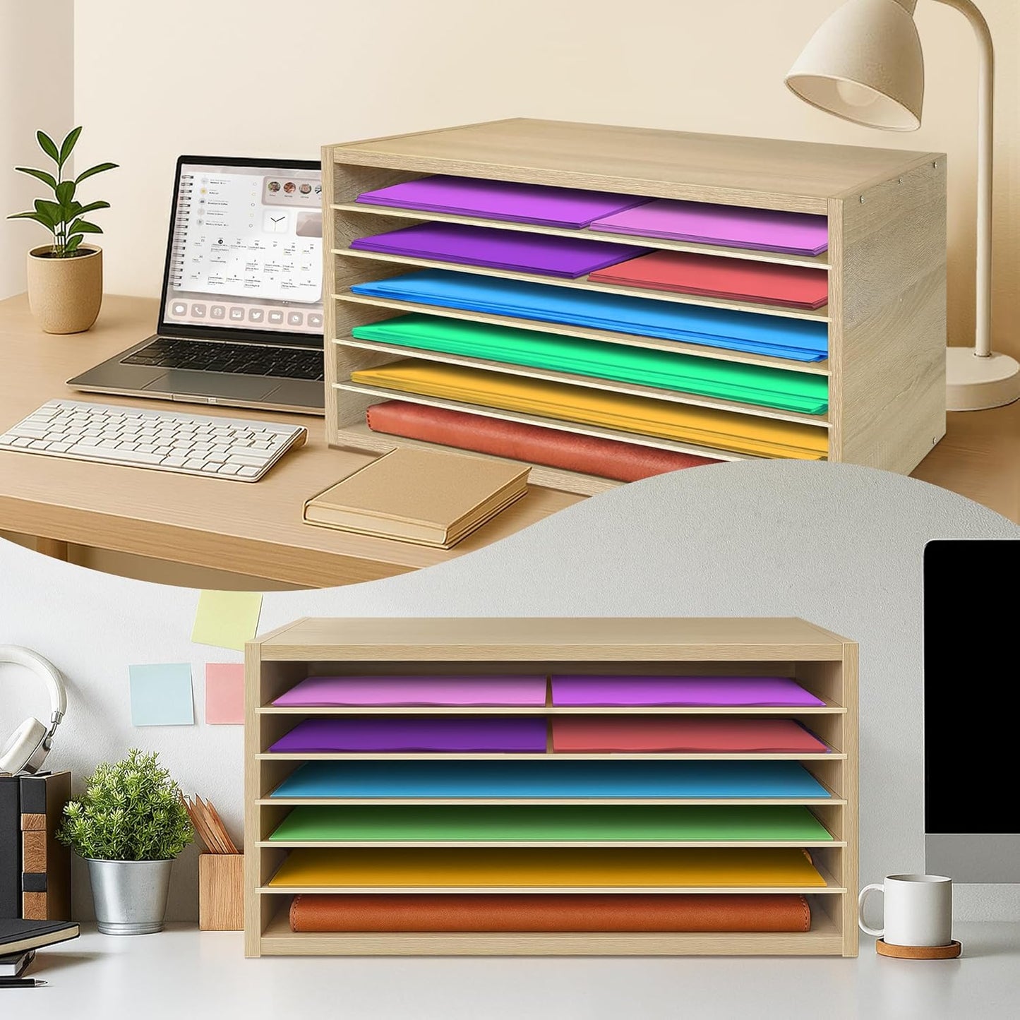 PROLEE Construction Paper Organizer 20" x 13.5" x12.2",Soild Wooden Paper Organizer with 6-Tier Letter Trays, Desktop File Papers Sorter for Home, Classroom and Office (White Oak)
