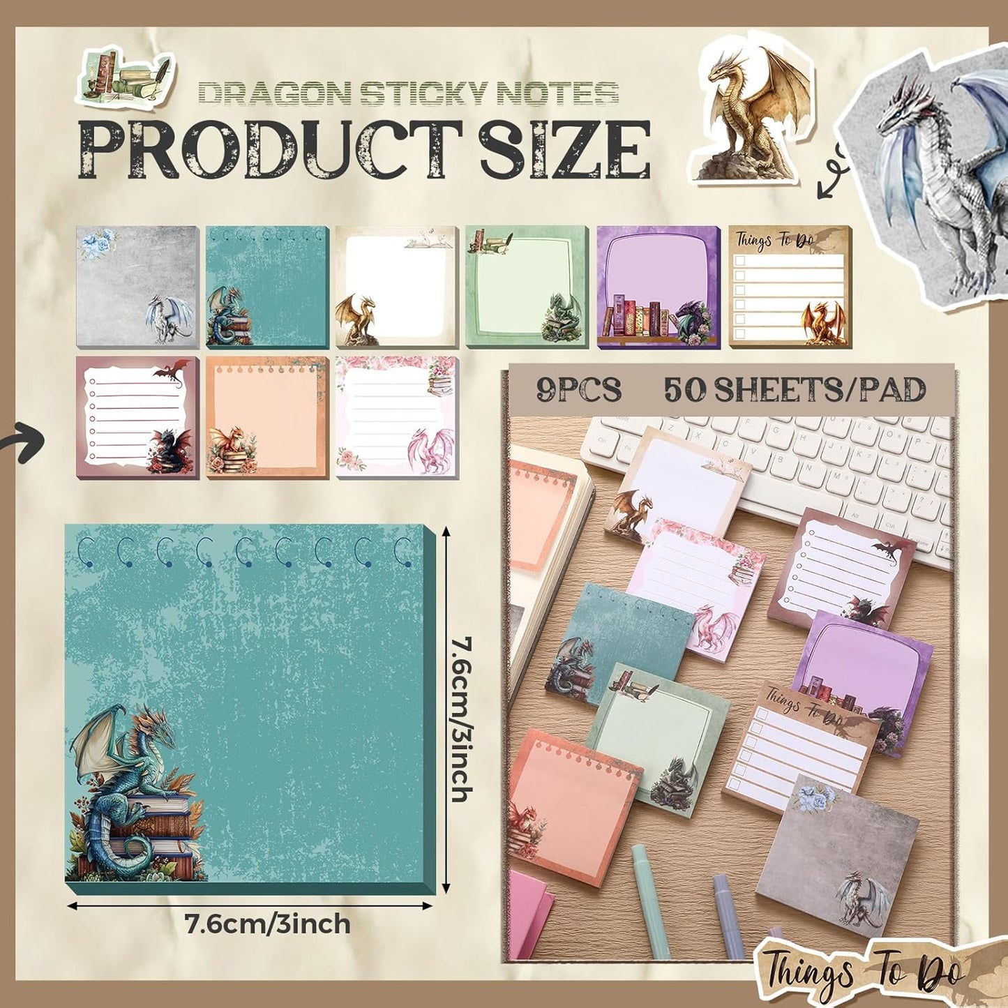 9 Pads Dragon Sticky Notes 3x3 Inch Cute Self Stick Notepads Notes Adhesive Memo Pad Office Decor Gifts for Students School Teacher Meeting Office Supplies