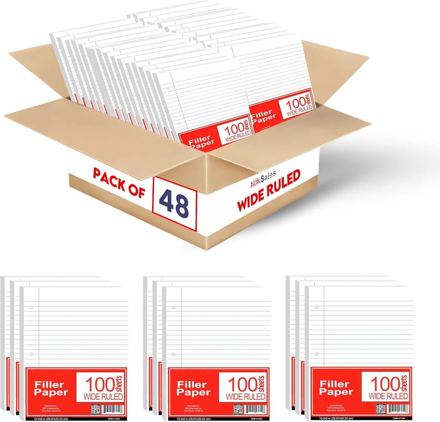 Loose Leaf Paper, Lined Notebook Paper, Wide Ruled Filler Paper, 100 Sheets, 3-Hole Punched, 10.5” x 8”, Binder Paper for Notetaking, Case Pack of 48