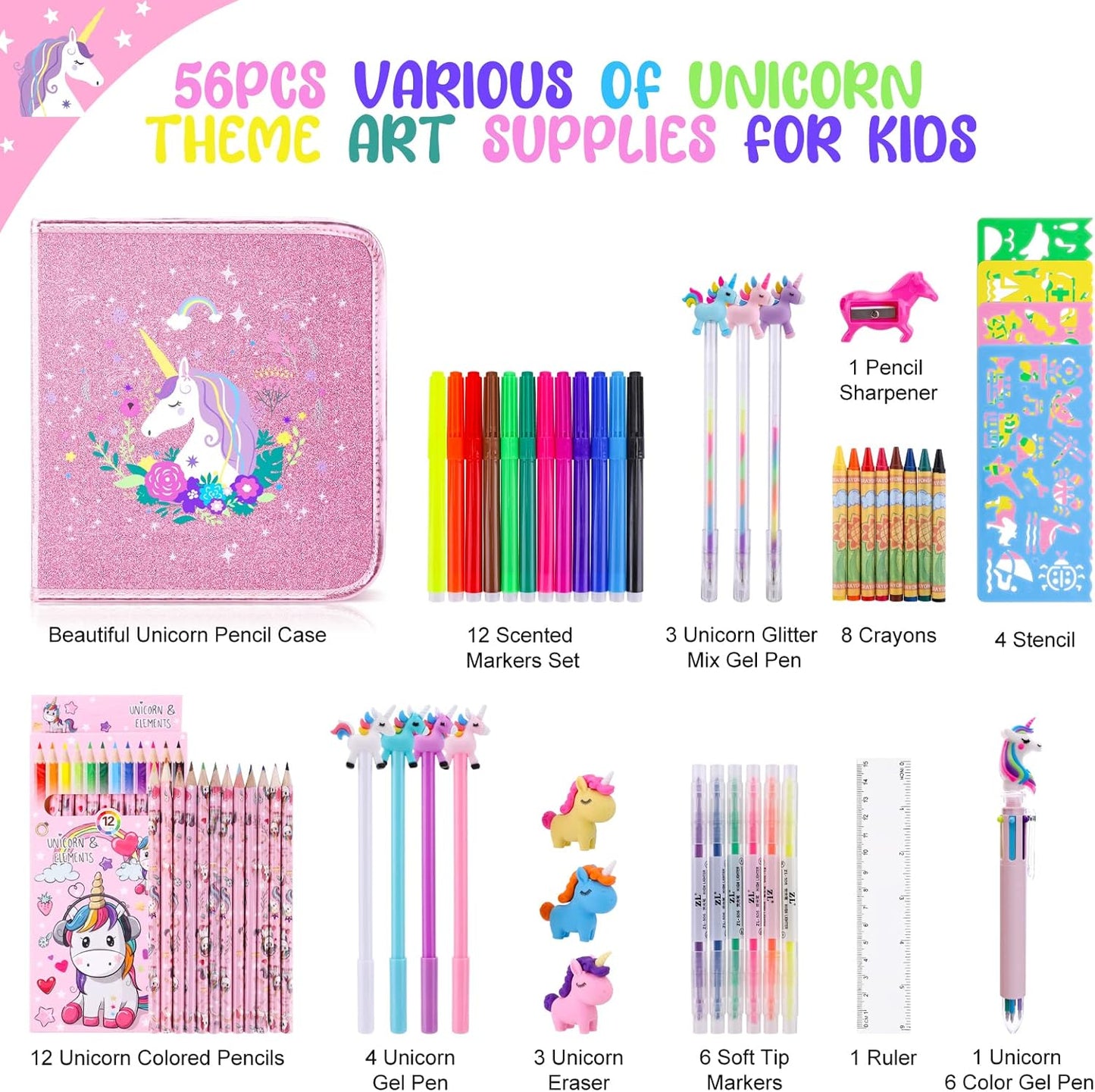 Fruit Scented Markers Set 56Pcs with Glitter Unicorn Pencil Case & Stationery,Art Supplies for Kids Ages 4-6-8, Art Coloring Kits Box,Gifts Toy for Girls Age 5,7,Pencil&Crayon Drawing Stuff