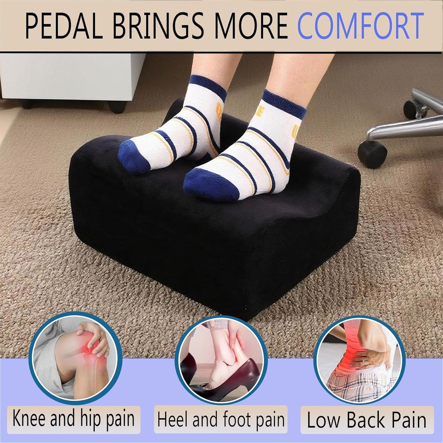 Foot Rest for Under Desk at Work, Ergonomic Under Desk Footrest with Washable Cover, Memory Foam Foot Stool for Office Chair & Gaming Chair, Back & Hip Pain Relief, Black