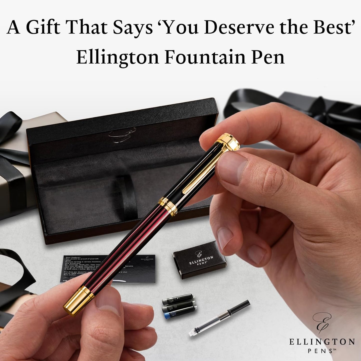 Ellington Pens Luxury Fountain Pen Set - Extra Fine Nib - Includes 3 Ink Cartridges, Refillable Ink Converter, Gift Box-Fountain Pens For Writing, Calligraphy, Journaling, Sketching (Crimson Blend)