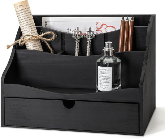 Rebee Vision Pine Wooden Mail Organizer for Desk - Farmhouse Mail Sorter Countertop Organizer for Office Desk & Home Decor - Letter Holder with Drawer for Store Jewelry (Black)
